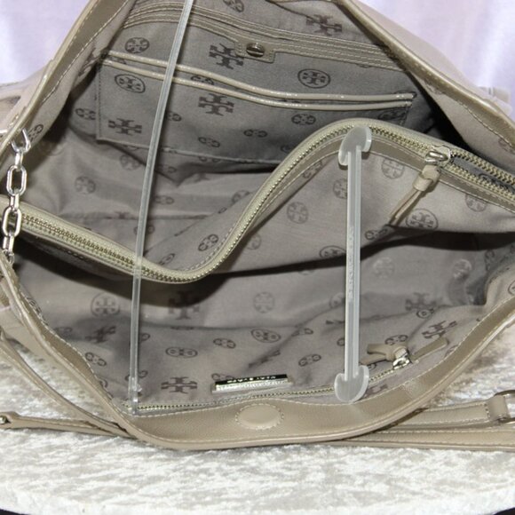 Tory Burch Patent Leather Chain Strap Tote Taupe Beige NWOT - Picture 6 of 14